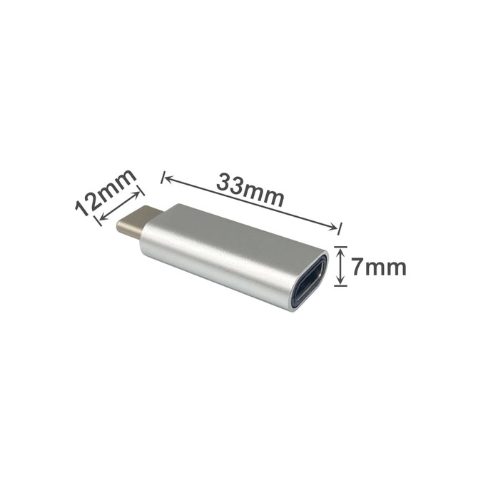A silver USB data blocker with a rectangular design, measuring 33mm by 12mm by 7mm. It has a logo on the surface.