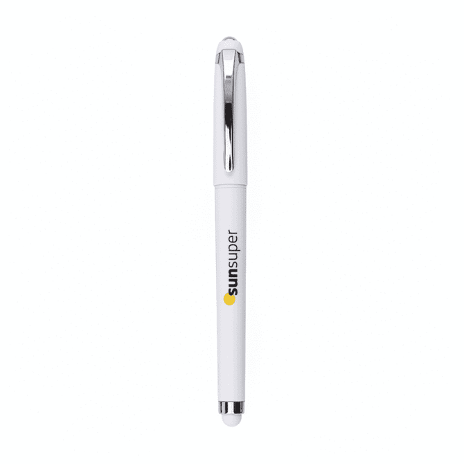 A white gel pen with a shiny silver clip and a logo on the barrel.
