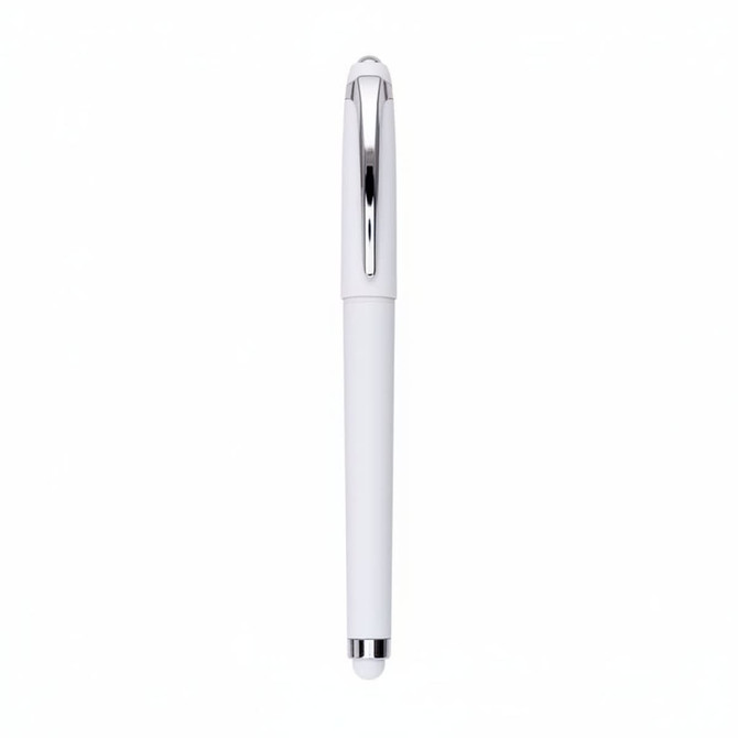 A white gel pen with a shiny chrome clip and tip, featuring a logo on its body.
