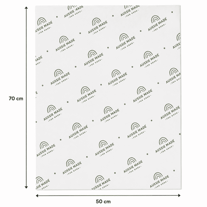 A sheet of kraft paper measuring 70cm x 50cm, featuring a repeated pattern and a logo. Predominantly white with green details.