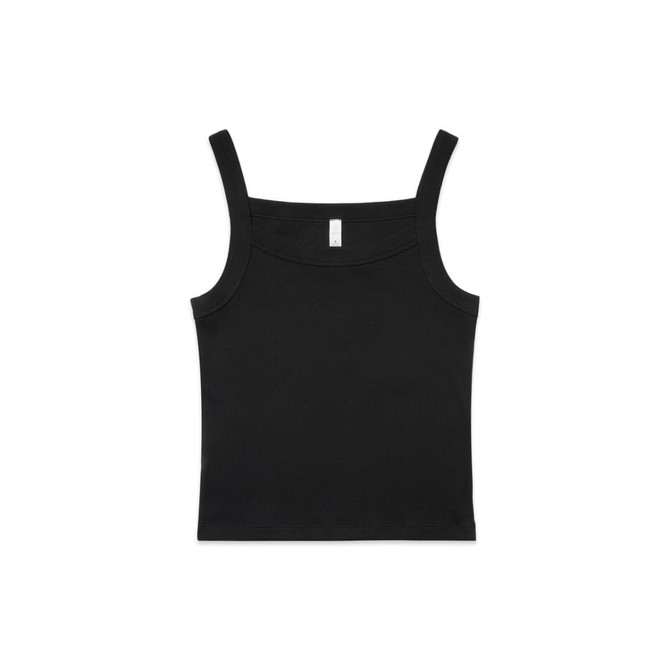 A black collegiate tank top with a fitted design and wide shoulder straps, featuring a branding label.