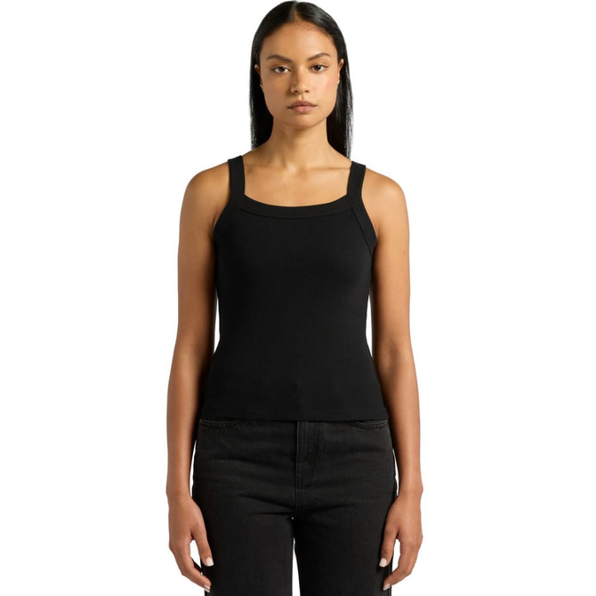 A black collegiate tank top featuring a square neckline, made from organic fabric, with a logo on the front.