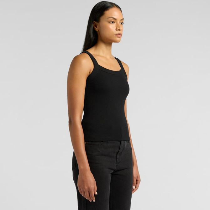 A black organic collegiate tank top with a fitted design and shoulder straps, modelled by a person.