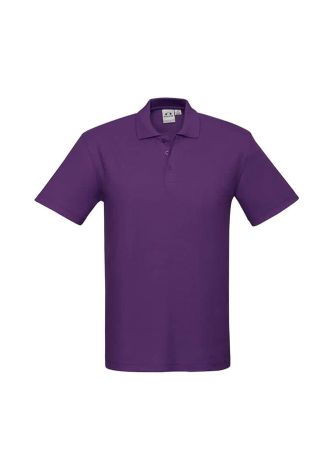 A purple polo shirt with a collared neck and short sleeves, featuring a brand logo.