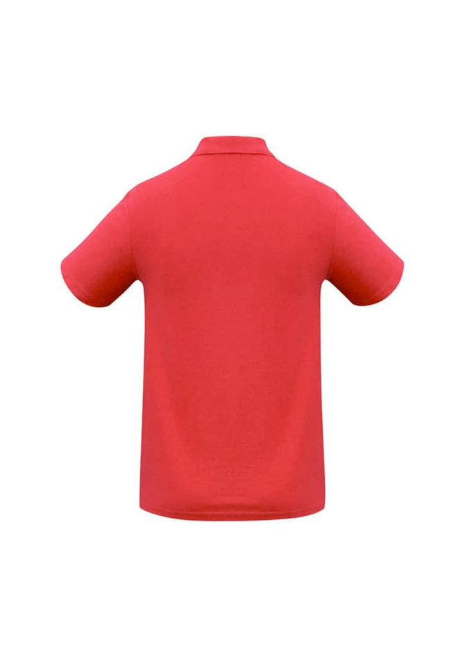 A red polo shirt with a collar and short sleeves. The back features a logo.