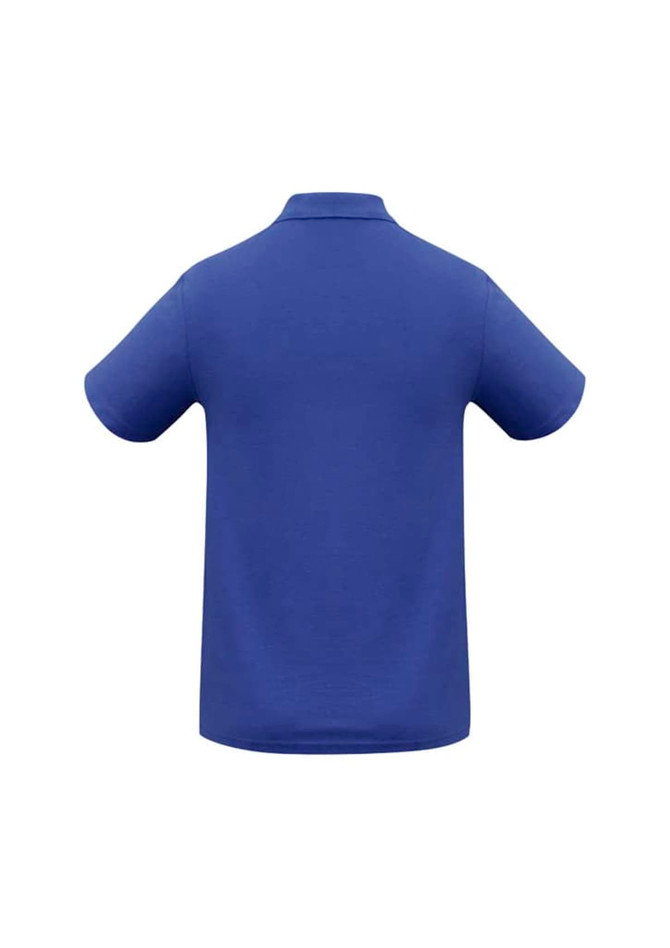 A blue crew men's polo shirt with short sleeves and a classic collar, featuring a logo on the back.