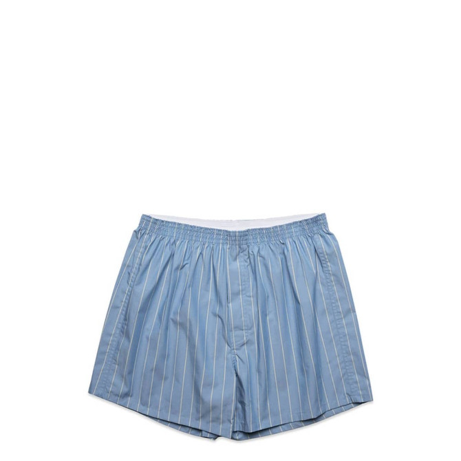 Blue striped dress shorts with an elastic waistband and a logo present on the waistband.