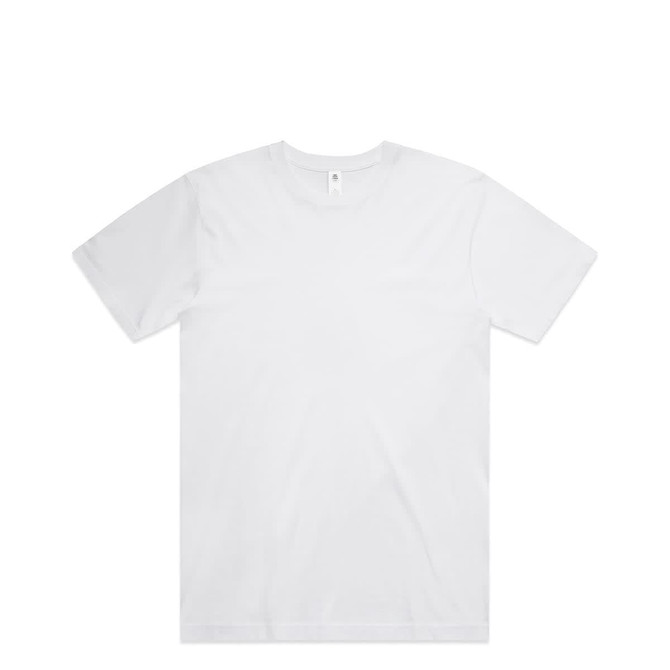 A white t-shirt with a plain design and a tag at the neckline. Features a logo on the inside label.