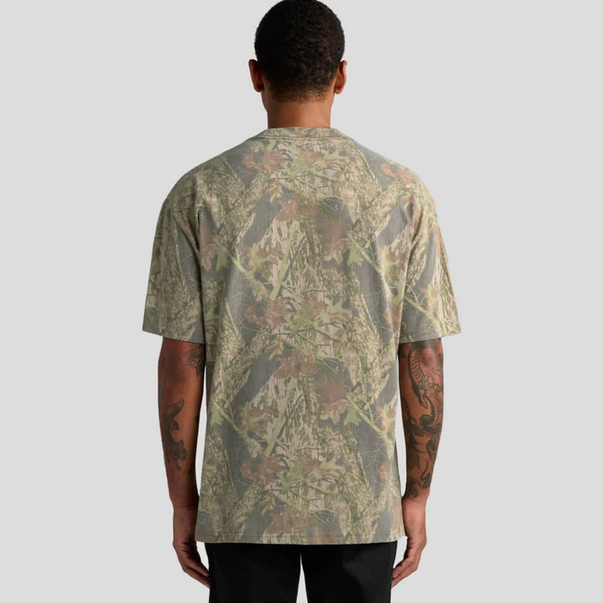 A heavy faded camo tee in shades of green and brown, featuring a logo on the back.