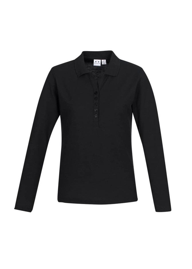 A black long sleeve polo shirt featuring a buttoned placket and a logo on the label.