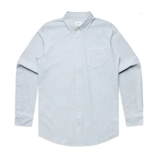 A button-up Oxford stripe shirt in light blue, featuring long sleeves and a chest pocket. It has a logo.