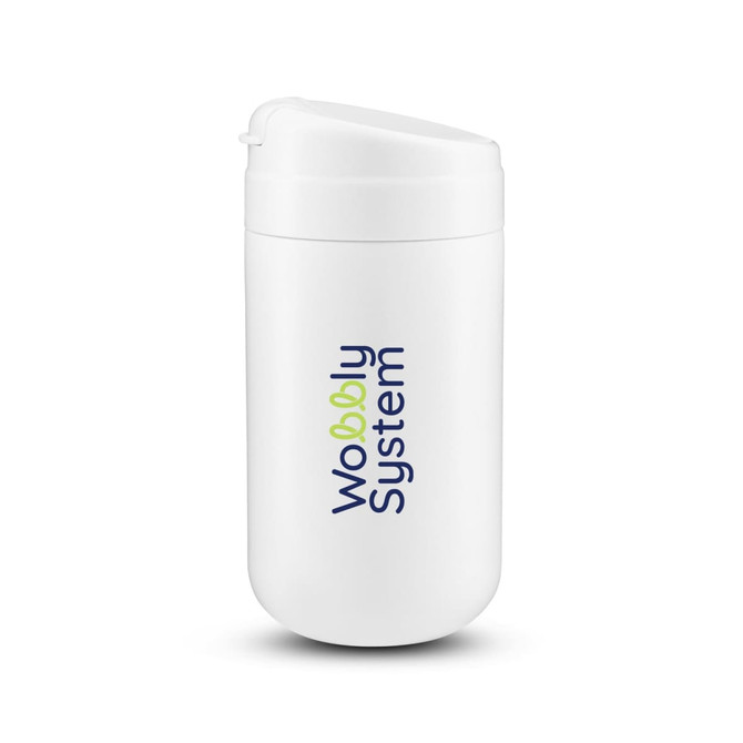 A drink bottle in white with a secure lid and a logo featuring colourful text.