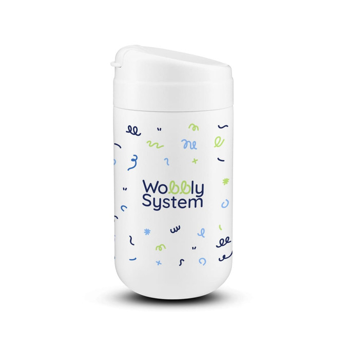 A white drink bottle featuring a playful design with various colourful squiggles and a logo.