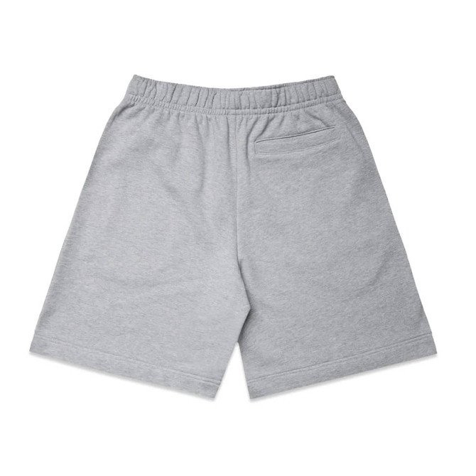 Grey shorts with an elastic waistband and a small pocket on the back. The fabric appears soft and comfortable.
