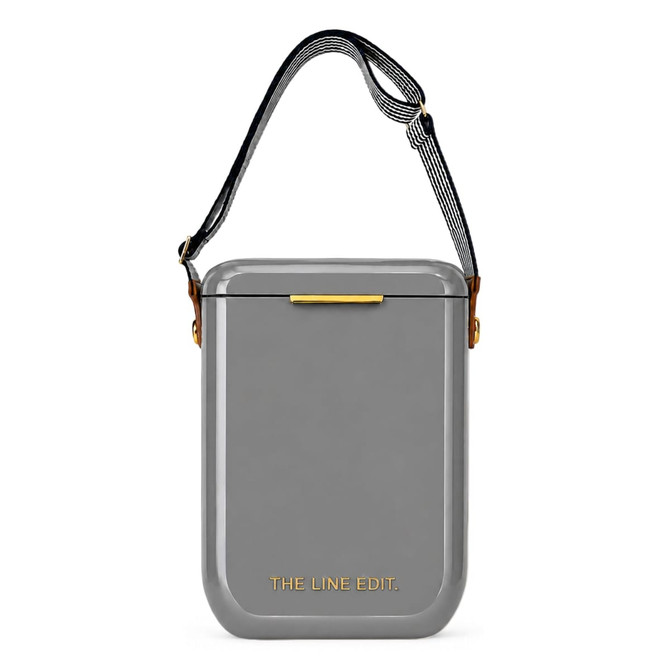 A grey cooler with a shoulder strap and a logo on the front, featuring a sleek, modern design.