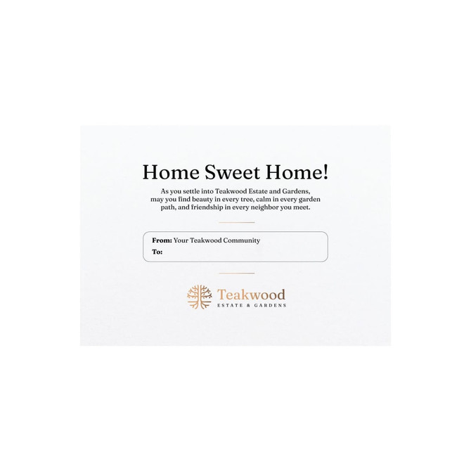 A decorative card featuring a welcoming message and a logo, with a clean design and subtle colours.
