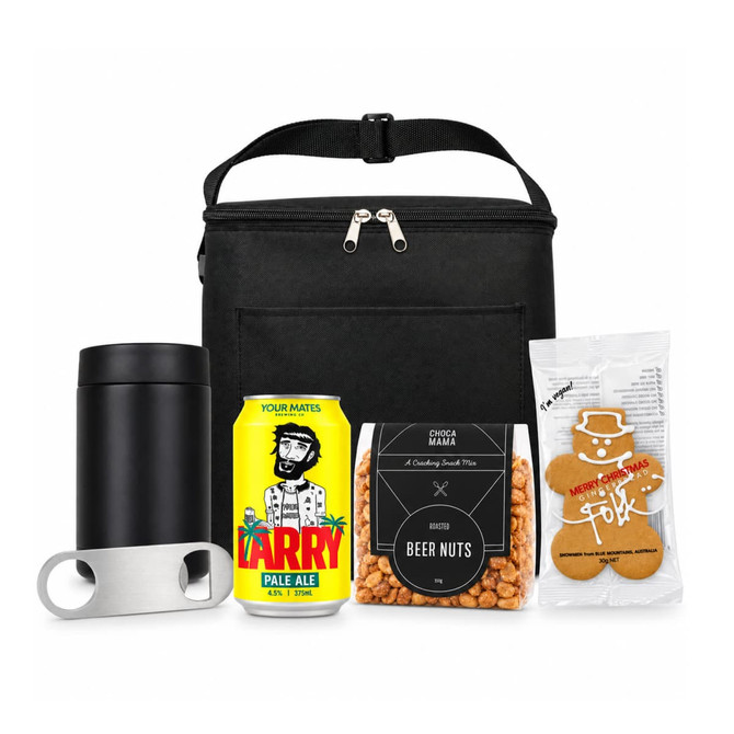 A black cooler bag with a drink bottle, beer can, beer nuts, and gingerbread biscuits. Includes a bottle opener.