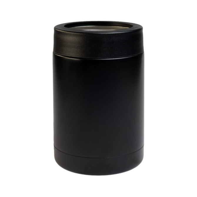 A black drink bottle with a sleek design and a silver interior. It features a logo on one side.
