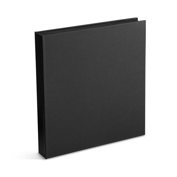 A black binder with a sleek, minimalist design and a smooth finish. It has no visible branding.