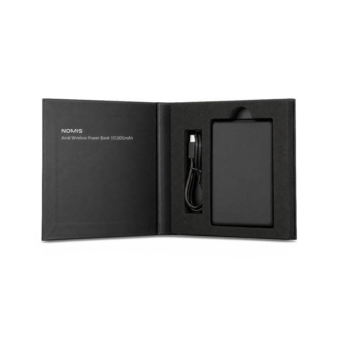 A black solid-state power bank with a USB cable, presented in a sleek black case. It features a logo on the inside.