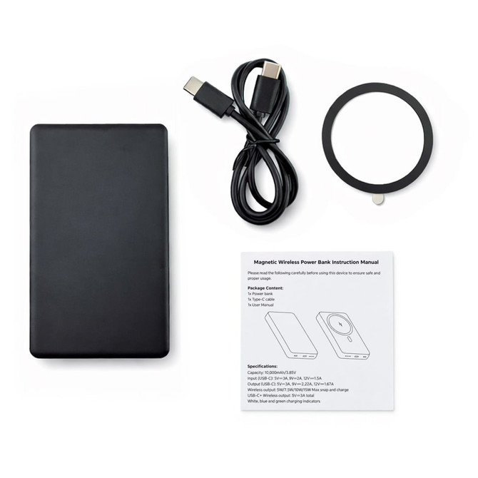 A black 10,000mAh solid-state power bank with a USB-C cable, magnetic ring, and instruction manual.