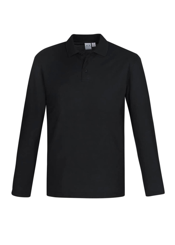 A long sleeve polo shirt in black, featuring a collar and a logo on the chest.