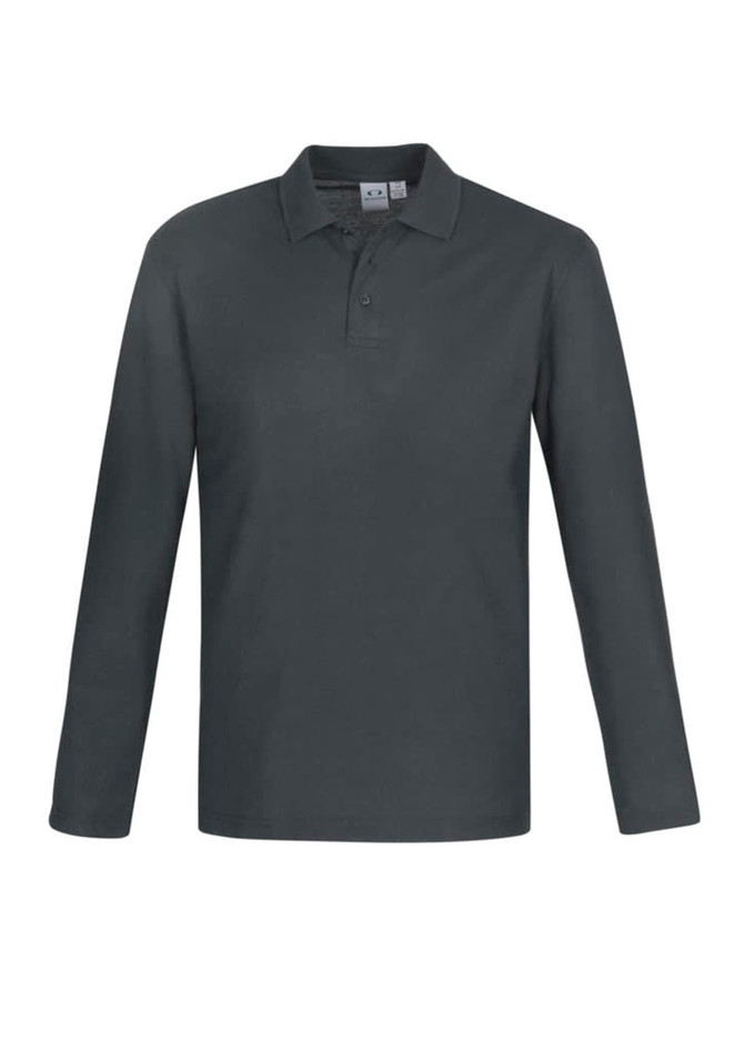 A long sleeve polo shirt in dark green, featuring a classic collar and a logo on the chest.