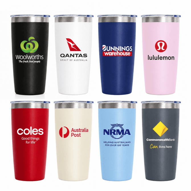 A collection of eight vacuum cups in various colours, featuring different logos and branding on each.