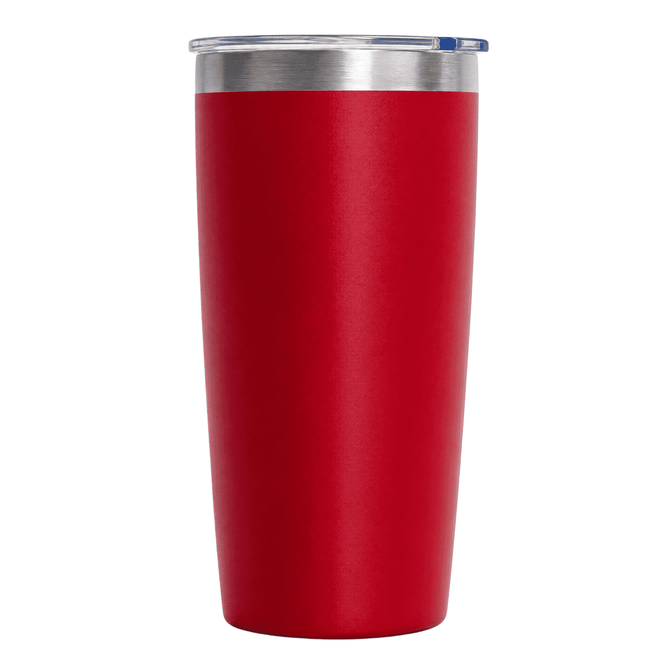 A drink bottle with a sleek red exterior and a stainless steel lid, featuring a logo.