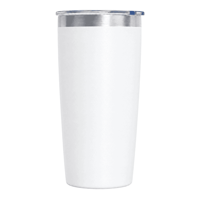 A drink bottle with a sleek white body and a silver lid, featuring a logo on the surface.
