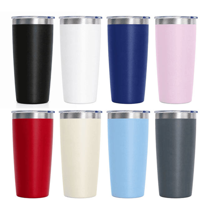 A drink bottle set featuring eight vacuum cups in black, white, navy, pink, red, cream, light blue, and grey, each with a metal lid.