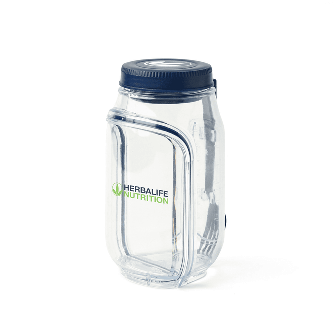 A clear salad jar with a blue lid and a fork attached, featuring a logo on the front.