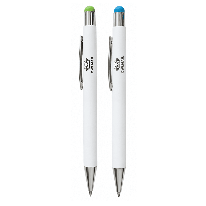 A set of two Vitra Pens featuring white bodies, one with a green tip and the other with a blue tip.