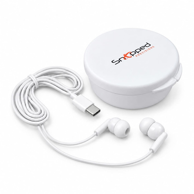 White Type C earbuds with a charging cable, stored in a rounded white case featuring a logo.