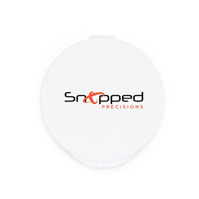 A white circular container with a logo in black and orange featuring the text "Snapped Precisions".
