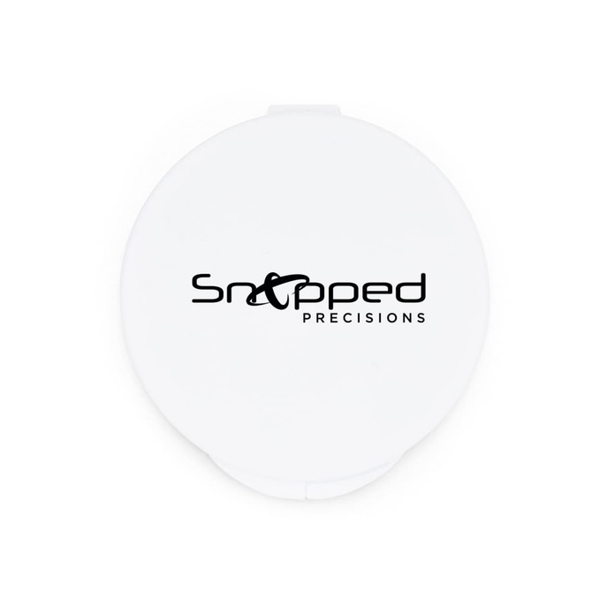 A white circular case with a logo on the front featuring the text 'Snapped Precisions'.