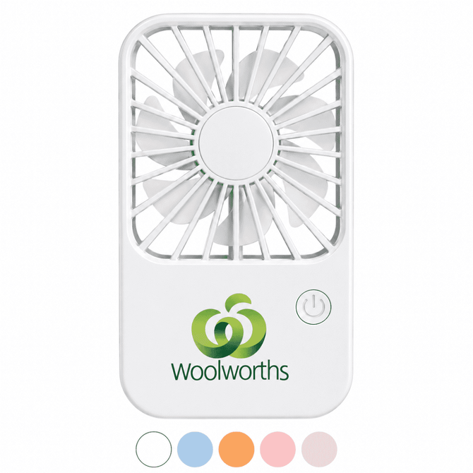 A white rechargeable desktop fan with a circular grille and a logo. Available in multiple pastel colours.