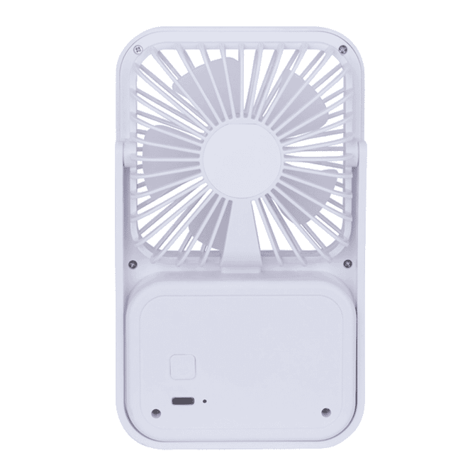 A white Breeze Rechargeable Desktop Fan featuring a grid design and a compact base, with a small logo on the side.