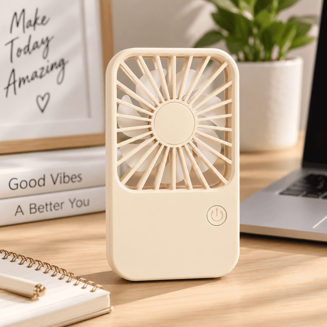 A beige Breeze rechargeable desktop fan on a wooden desk, with a laptop and decorative items in the background.