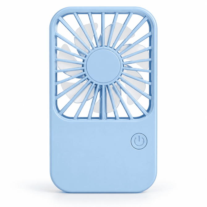 A blue rechargeable desktop fan with a grid design and a circular centre, featuring a power button.