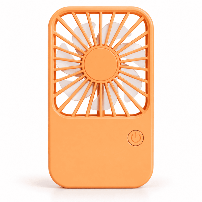 An orange rechargeable desktop fan with a circular fan design and a power button at the bottom.