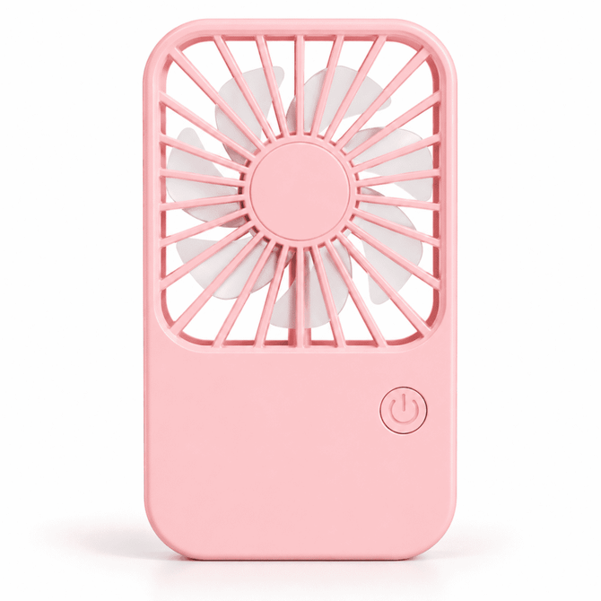 A pink rechargeable desktop fan with a grid design and a central power button, featuring a sleek and compact shape.