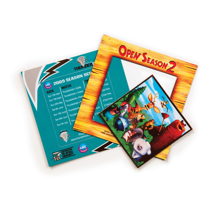 A magnetic photo frame featuring a colourful design with animated characters, including a border of playful imagery.