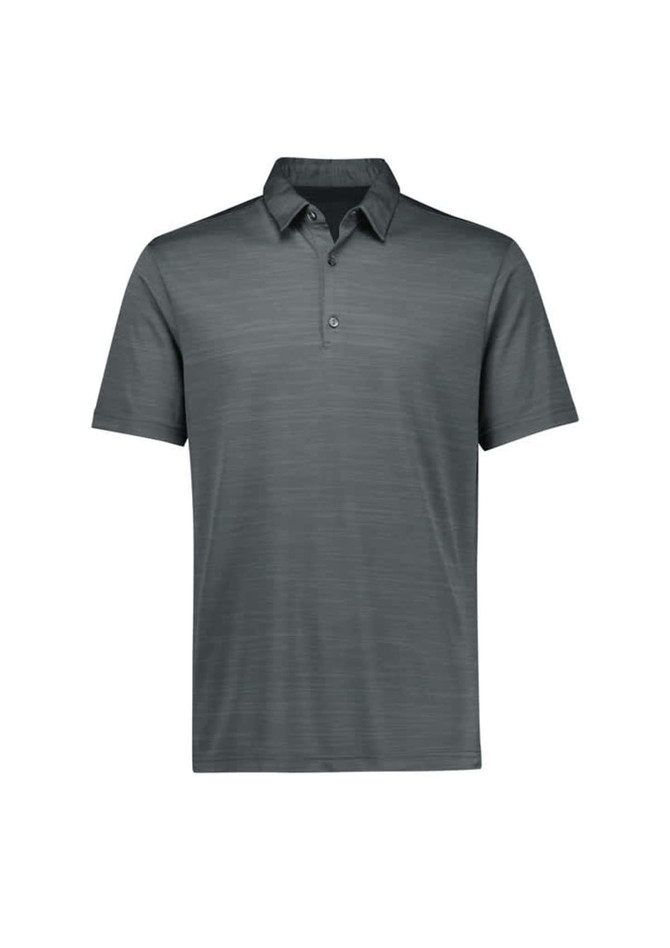A short sleeve polo shirt in a dark green hue, featuring a collar and buttons, with a subtle textured pattern.