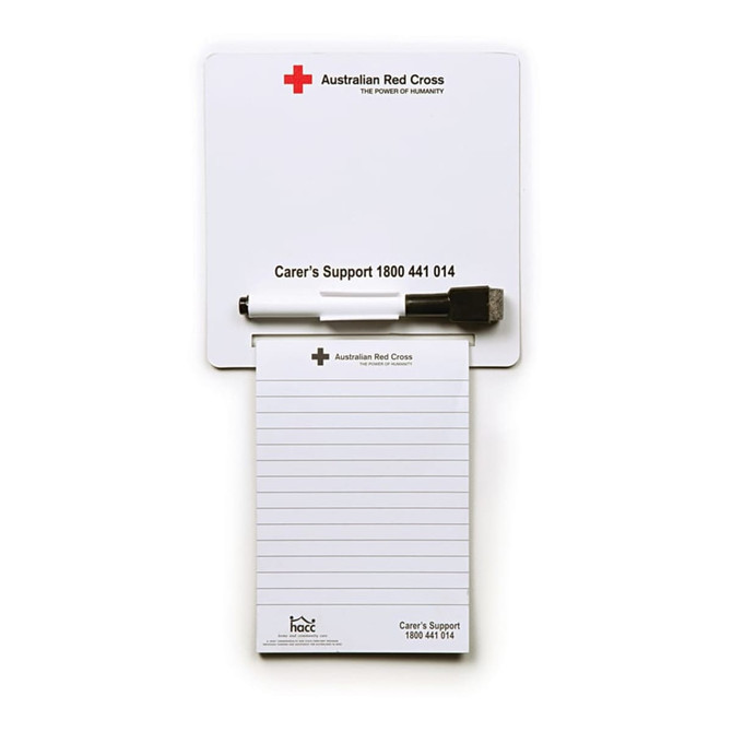 A white magnetic board with a notepad and a black marker, featuring a logo at the top.