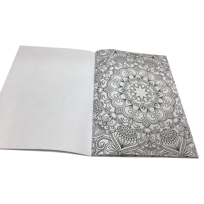 A5 colouring book featuring intricate black and white patterns on one page, with a blank page opposite.