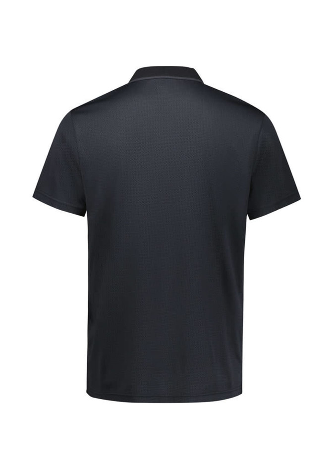 A black short sleeve polo shirt featuring a collar and a logo on the front.