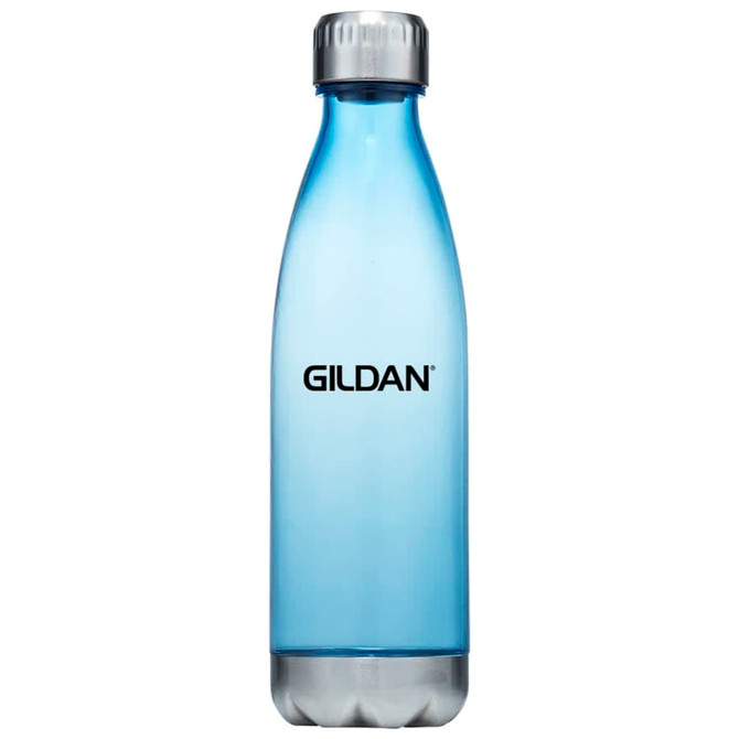 A drink bottle in blue plastic with a silver lid and a logo on the front. Suitable for holding 700ml of liquid.