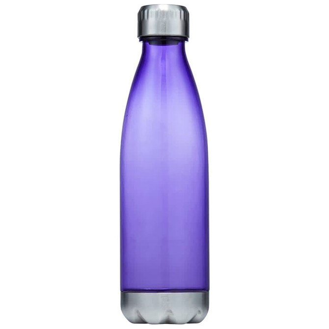 A drink bottle in purple transparent plastic with a silver cap, featuring a logo on the front.