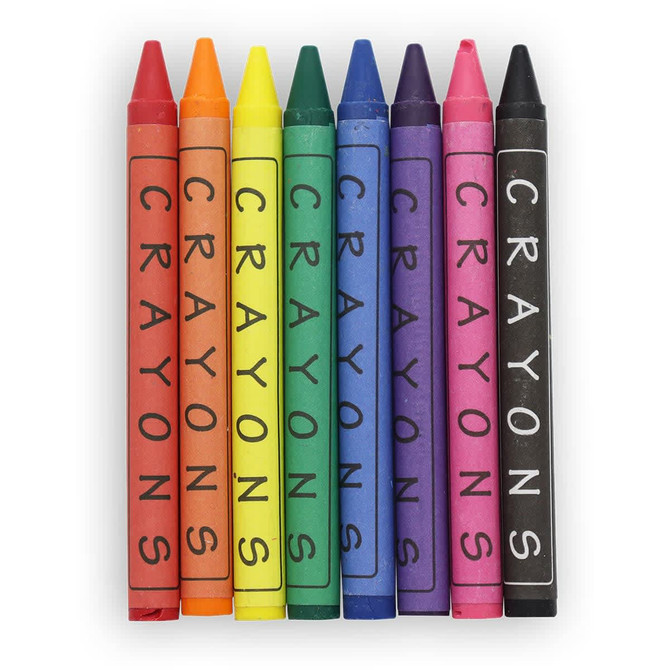A set of eight vibrant crayon sticks in various colours, including red, orange, yellow, green, blue, purple, pink, and black.